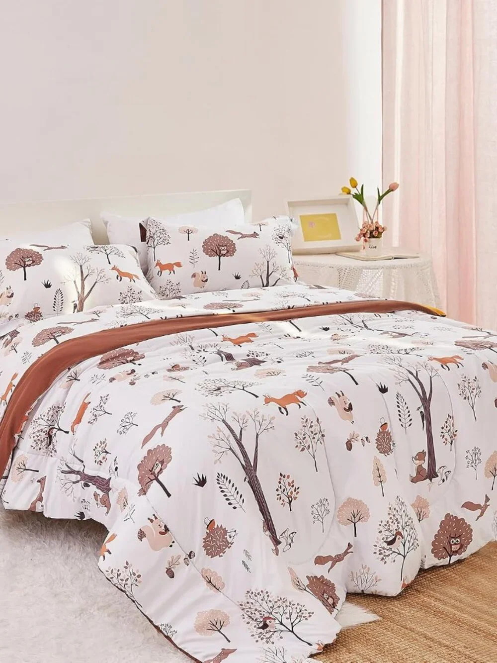 Kids Woodland Comforter Set for Boys Girls Twin Size, Cute Quilted Forest Animal